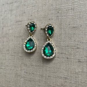 Vintage Emerald Green and Clear Crystal Earrings in Gold Setting